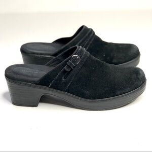 Lands’ End black suede mule clogs with crisscross straps with buckle over vamp